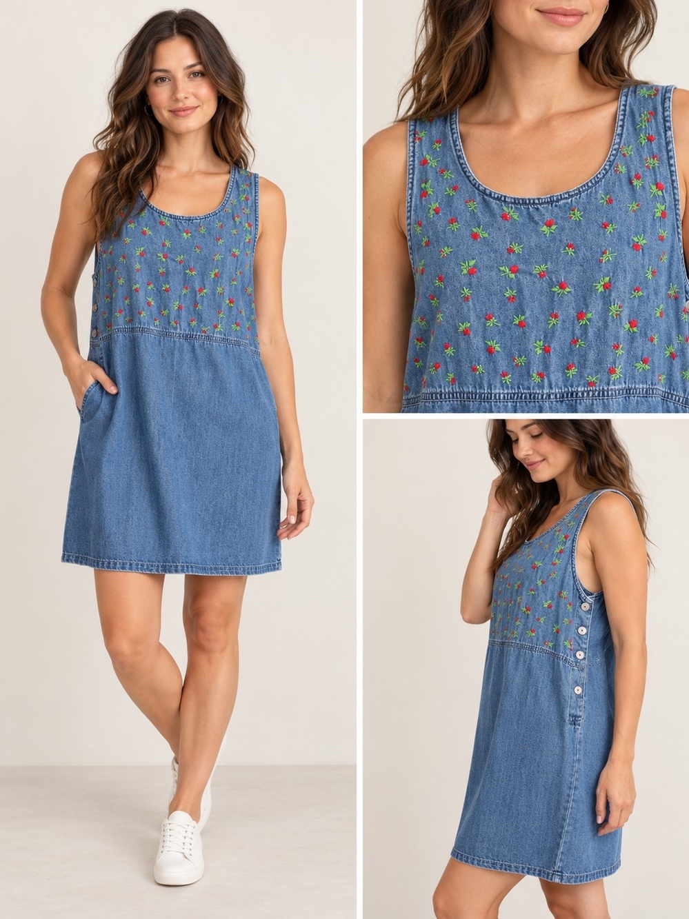 Vintage Basic Editions Denim Floral Embroidered Jumper Dress L Cottagecore